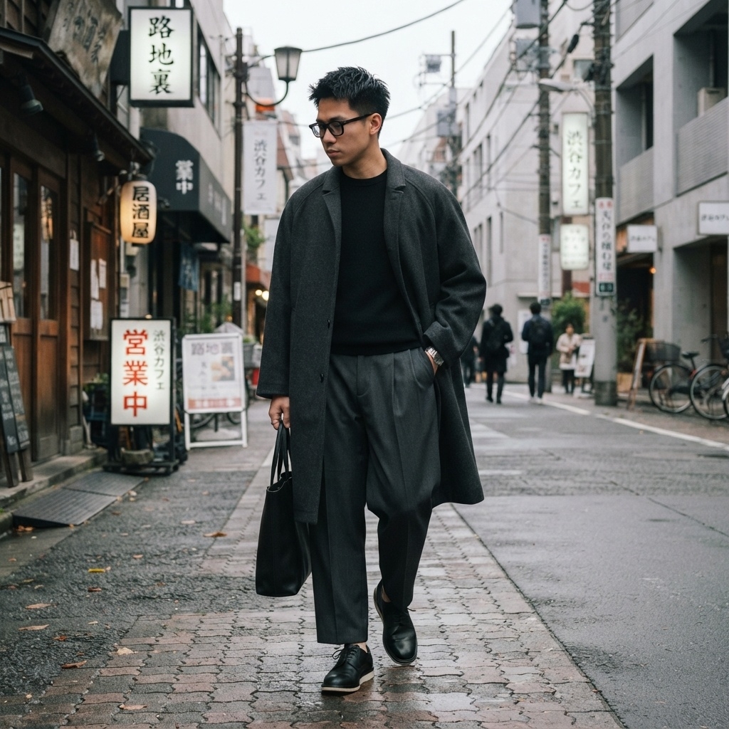 SKIPIKS AIファッション写真 — minimalist, urban, sophisticated — これはモダンで洗練されたグレーのトーンのルックです。高級なコートとシンプルなダービーシューズが調和し、スタイリッシュな仕上がりになります。シンプルなブラックニッ