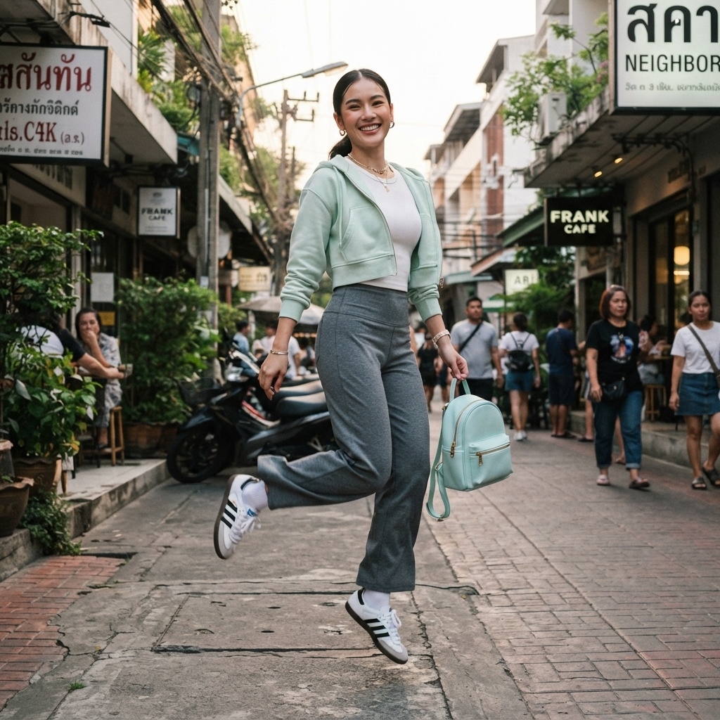 SKIPIKS AI 패션 화보 — casual, sporty — 산뜻한 민트색 후드 집업과 회색 팬츠의 조화가 경쾌한 느낌을 더해주는 스타일입니다. 흰색 크롭탑과 스니커즈를 매치해 더욱 활동적인 무드를 완성해