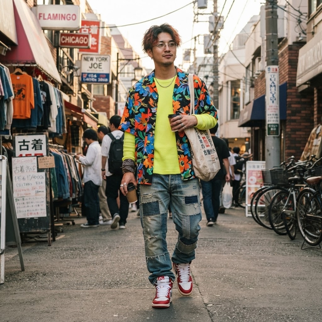 SKIPIKS AI fashion editorial — streetwear, casual, colorful — This style features a striking combination of a colorful Hawaiian shirt and a ne