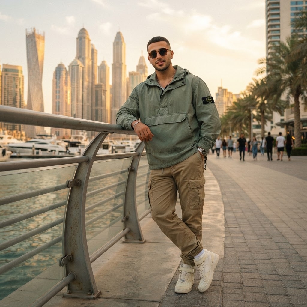 SKIPIKS AI时尚大片 — casual, streetwear — 卡其色的风衣与米色工装裤的搭配营造出时尚的街头氛围。风衣的宽松剪裁带来休闲而舒适的感觉。想要日常造型的话，可以尝试搭配运动鞋。