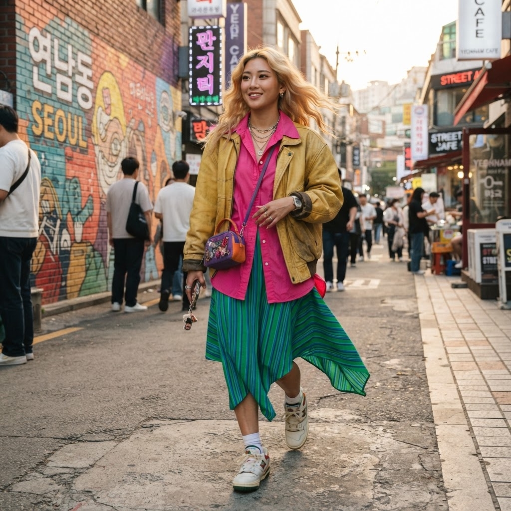 SKIPIKS AI fashion editorial — streetwear, colorful, vintage — This street fashion look features a striking jacket and shirt. Harmoniously matc