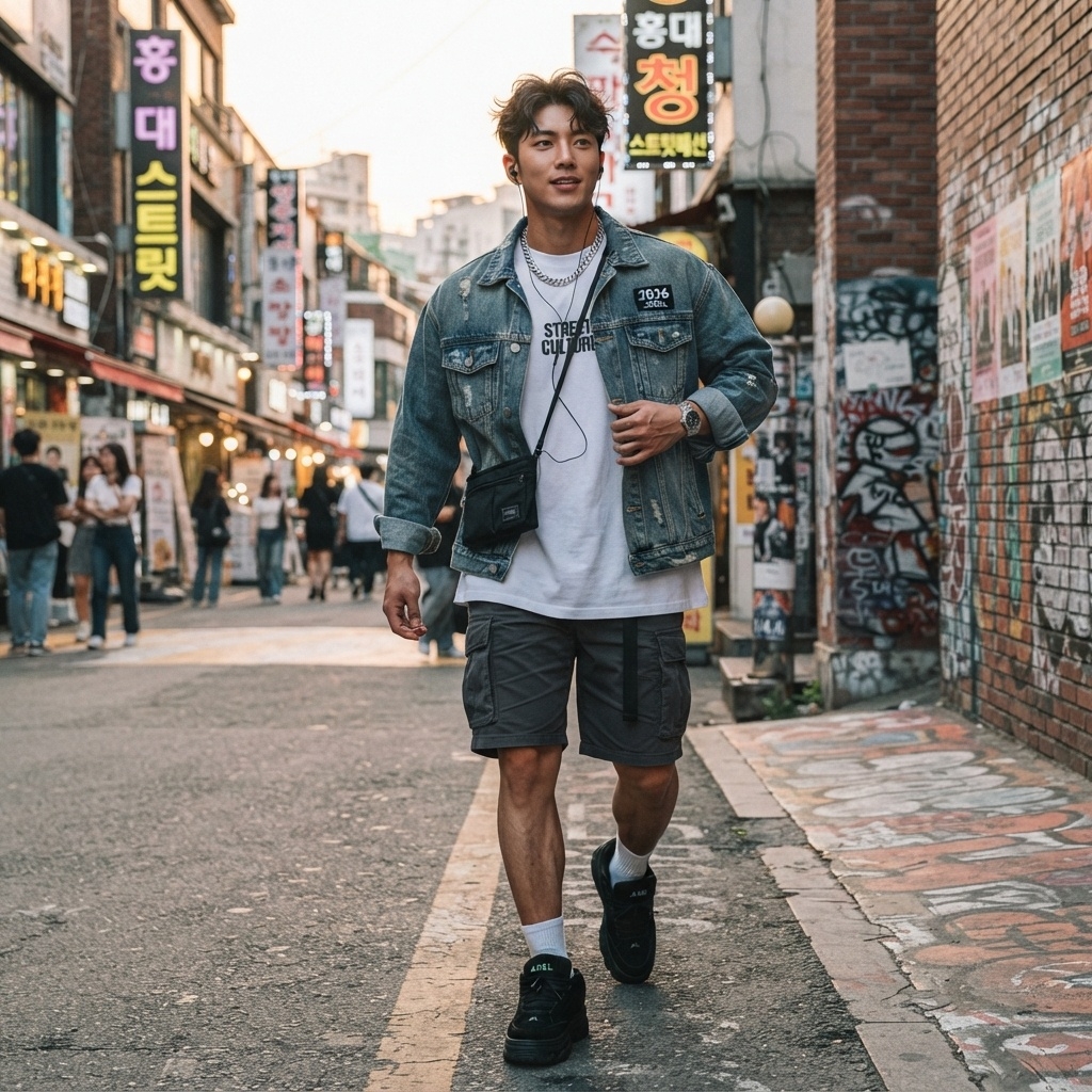 SKIPIKS AIファッション写真 — streetwear, casual — 都会的な感性が漂うカジュアルストリートルックで、デニムジャケットとプリントTシャツがスタイルを引き立てます。グレーのカーゴショーツを合わせて、快適でありながらス