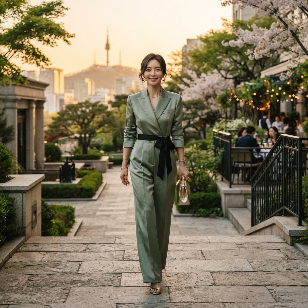 SKIPIKS AI 패션 화보 — elegant, chic — 올리브색 점프수트가 시크함을 더해주는 세련된 스타일입니다. 블랙 리본 벨트로 허리 라인을 강조해 여성스러움을 살려보세요. 봄철 데이트나 저녁 모