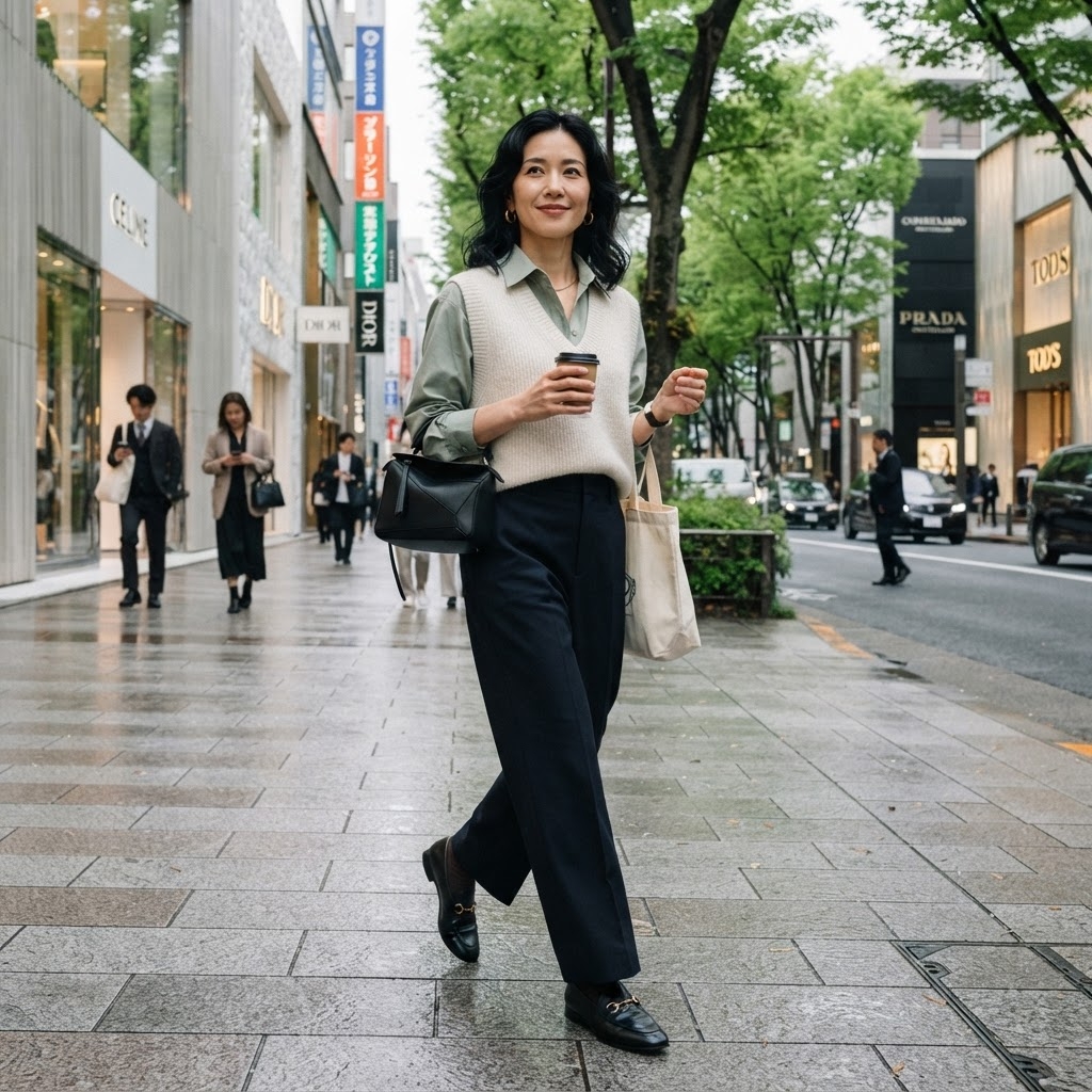 SKIPIKS AI 패션 화보 — modern, chic, casual — 크림색 니트 베스트와 민트 셔츠의 조화가 눈길을 끄는 모던 룩입니다. 네이비 슬랙스와 블랙 로퍼로 깔끔한 실루엣을 완성해보세요. 데일리 출근 룩