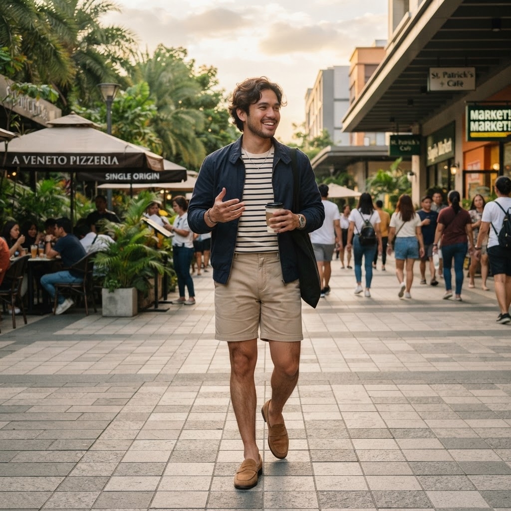 SKIPIKS AI 패션 화보 — casual, smart_casual — 네이비 재킷과 스트라이프 티셔츠가 어우러져 세련된 모던 캐주얼 무드를 연출해보세요. 베이지 반바지와 브라운 로퍼로 편안하면서도 스타일리시한 룩을