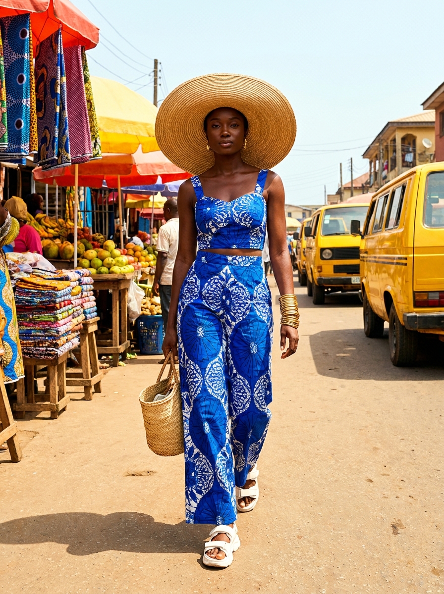 SKIPIKS AI fashion editorial — bohemian, summer — This vibrant patterned blue set is a captivating summer resort look. Pair it wit