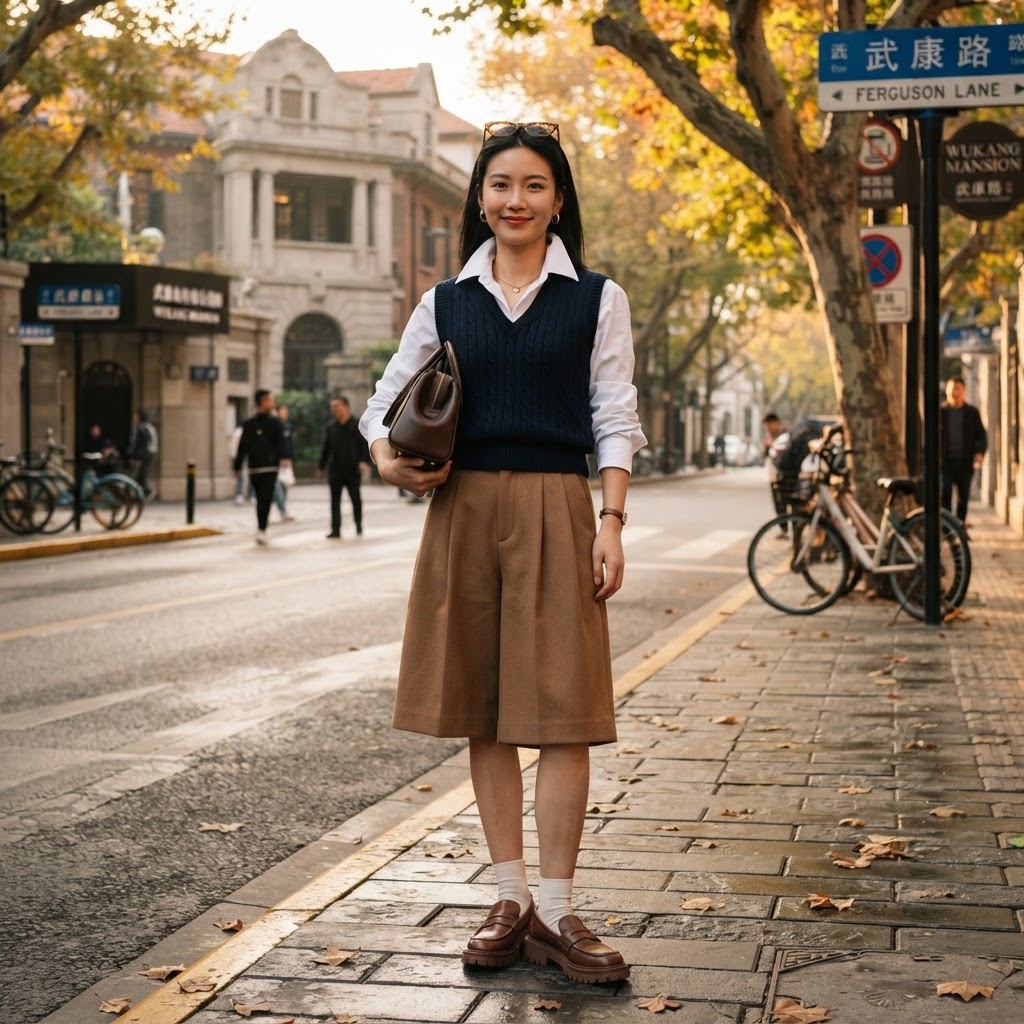 SKIPIKS AI fashion editorial — preppy, classic, feminine — This clean and sophisticated preppy look features a navy knit vest paired with a