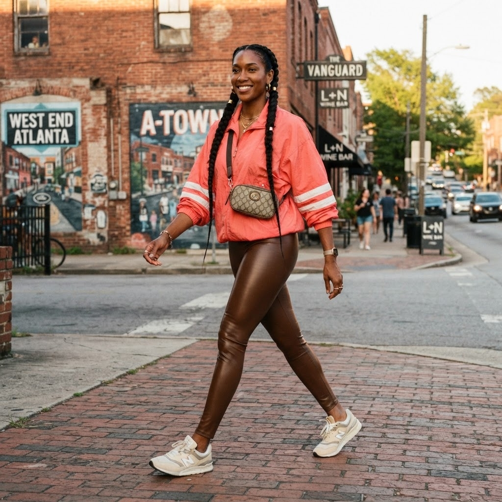 SKIPIKS AI fashion editorial — streetwear, athleisure — Pair a coral windbreaker with dark brown leggings for a vibrant urban vibe. We r