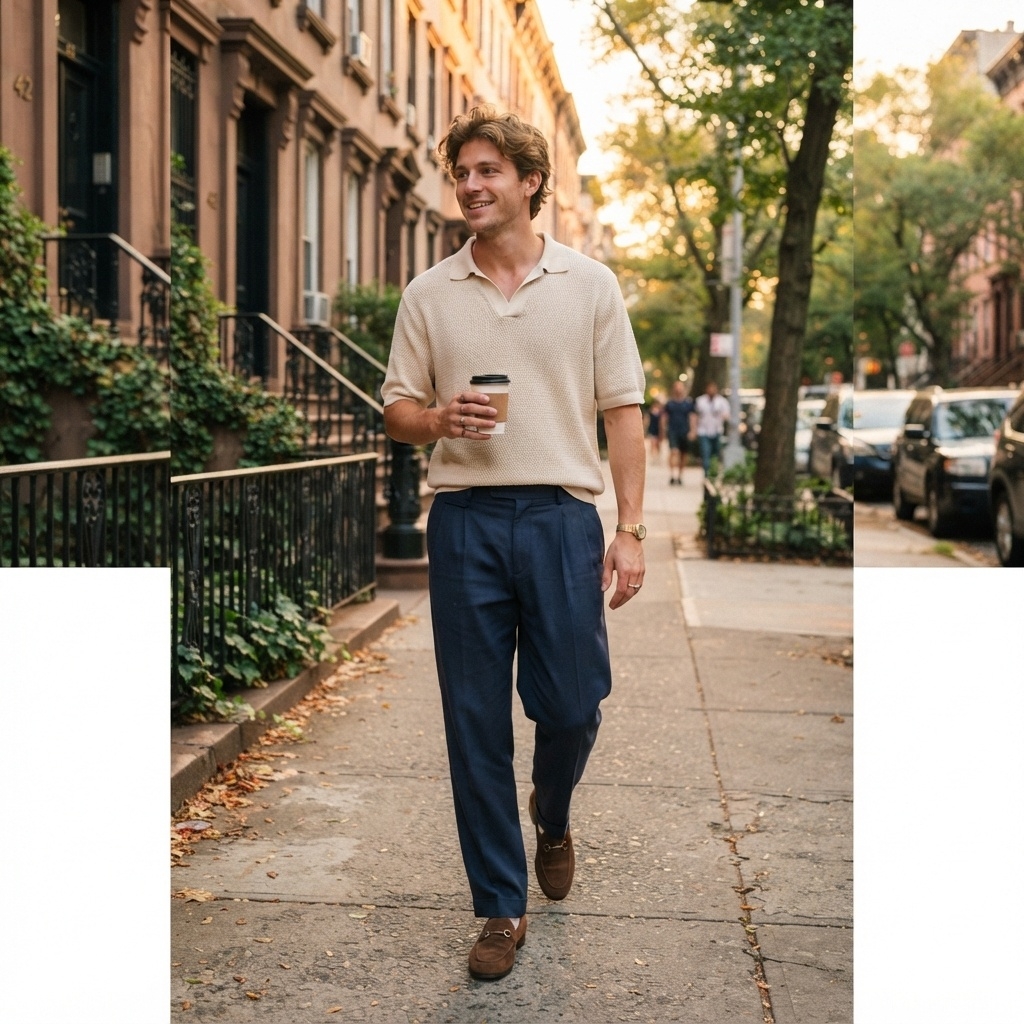 SKIPIKS AIファッション写真 — minimalist, smart_casual — ベージュのポロシャツとネイビーのスラックスで洗練されたムードを演出しましょう。ゴールドの腕時計とブラウンのローファーを加えれば、フォーマルなスタイルが完成します