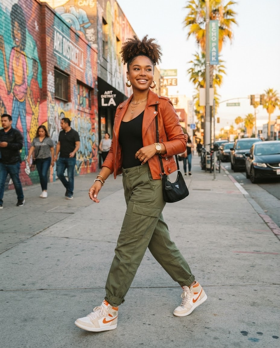 SKIPIKS AI fashion editorial — streetwear, casual — The blend of terracotta leather jacket and khaki cargo pants adds a sensory touc