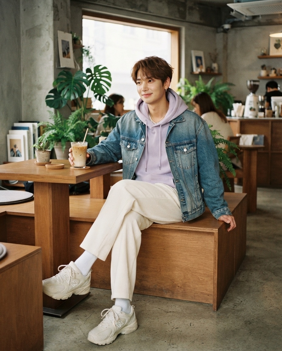 SKIPIKS AI时尚大片 — casual, chic, streetwear — 薰衣草色的连帽衫与牛仔夹克的搭配，营造出柔和清新的感觉。搭配象牙白宽松裤和奶油色运动鞋，完成舒适的休闲造型。这种风格非常适合周末咖啡馆出游，增添自然的魅力。