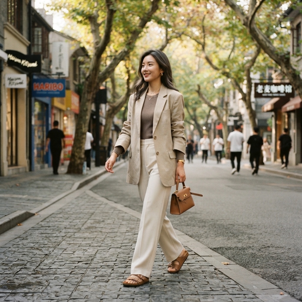 SKIPIKS AI fashion editorial — minimalist, chic — The combination of a beige jacket and brown knit adds a sophisticated mood. Pair