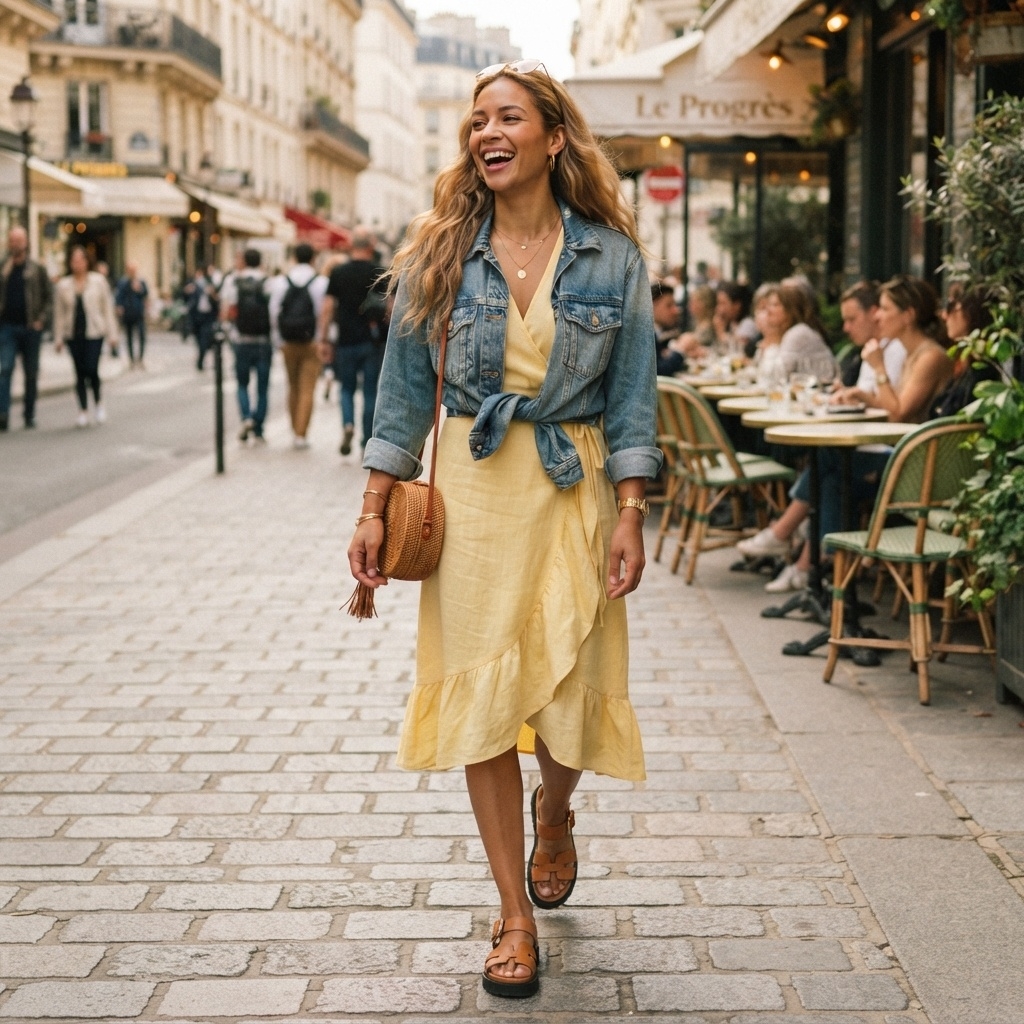 SKIPIKS AI fashion editorial — feminine, casual — This look features a bright and cheerful yellow wrap dress paired with a denim j
