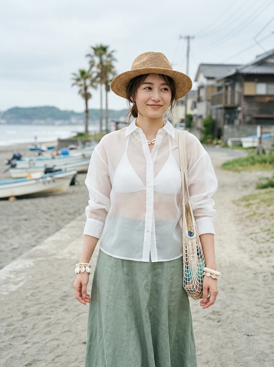 SKIPIKS AI fashion editorial — beachwear, casual, feminine — A white sheer shirt paired with a khaki long skirt creates a soft beach style. E
