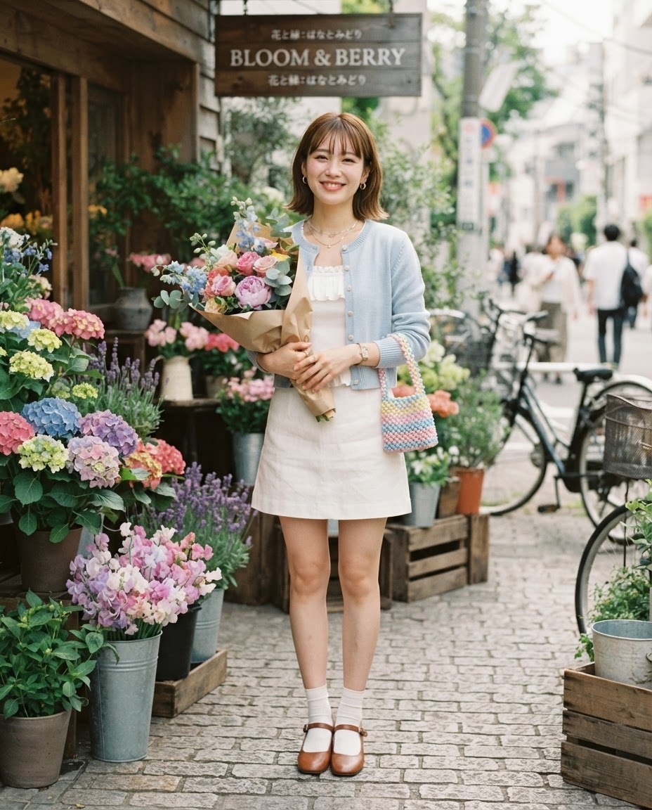 SKIPIKS AI 패션 화보 — feminine — 하늘색 카디건과 아이보리 미니 드레스의 조합이 사랑스럽고 화사한 봄의 무드를 완성해줍니다. 다양한 컬러의 크로셰 백과 메리 제인 슈즈로 스타일리