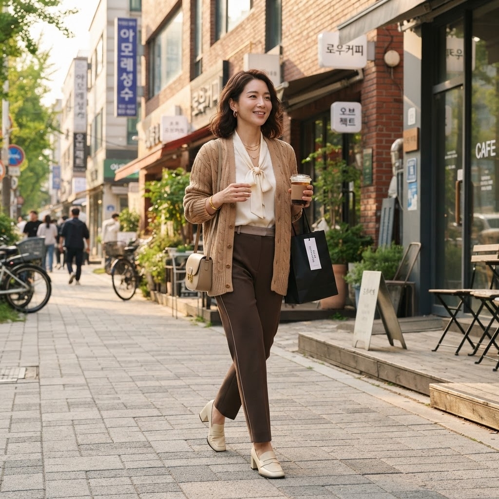 SKIPIKS AI fashion editorial — chic, casual, office — The calm brown tones paired with the ivory blouse create a sophisticated atmosph