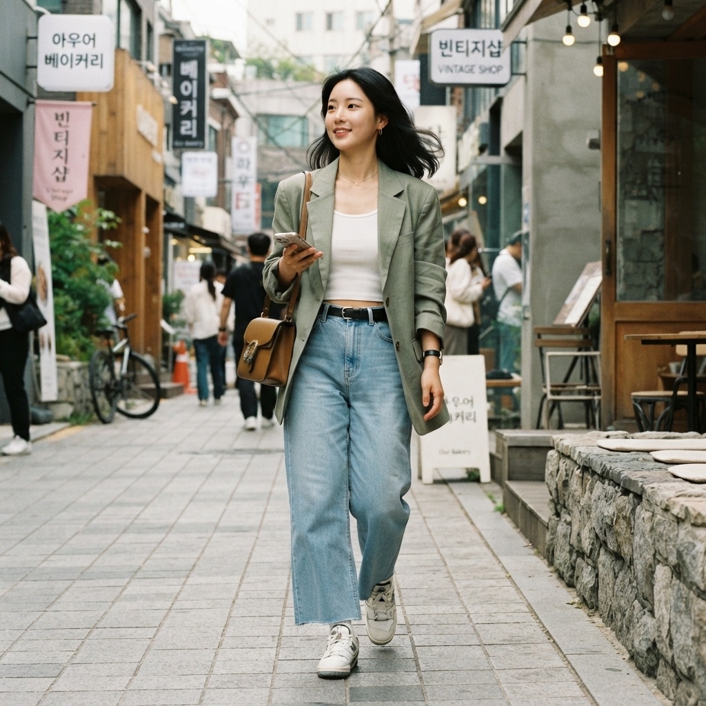 SKIPIKS AI 패션 화보 — casual, chic, vintage — 그린 블레이저와 화이트 탱크탑, 연청색 청바지의 조합이 상큼하고 트렌디한 무드를 연출해보세요. 브라운 크로스백으로 포인트를 주고, 흰색 운동화로