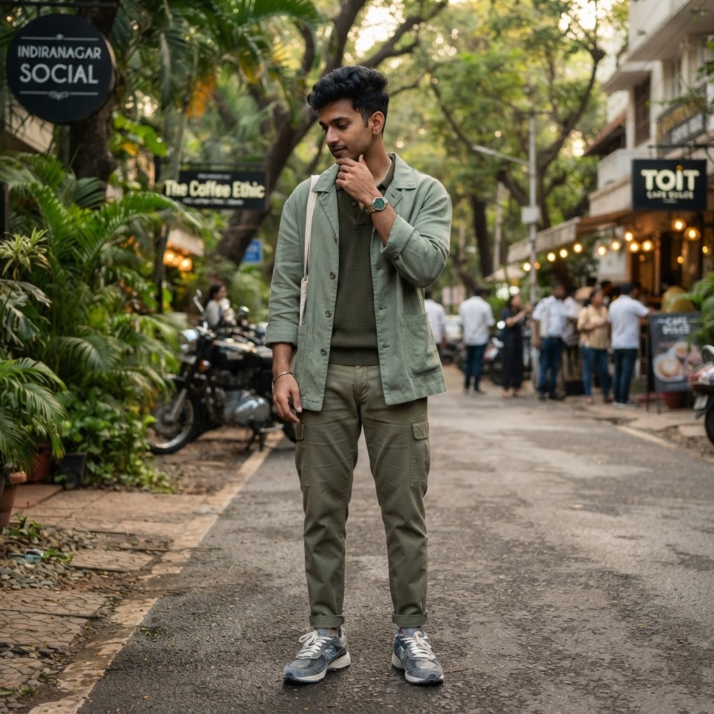 SKIPIKS AI 패션 화보 — streetwear, casual — 편안한 카키톤의 레이어링으로 도심 속 자연을 담은 스타일입니다. 카고 팬츠와 셔츠 재킷의 조합이 멋스러움을 더해주며, 스니커즈로 캐주얼한 매력까