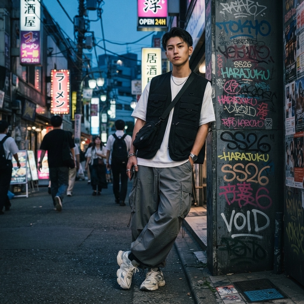 SKIPIKS AI 패션 화보 — streetwear, casual — 흰색 티셔츠와 검정 조끼의 조화가 세련미를 더해주는 룩이에요. 회색 카고팬츠로 캐주얼하면서도 실용적인 무드를 연출해보세요. 스트리트에서 편안한 