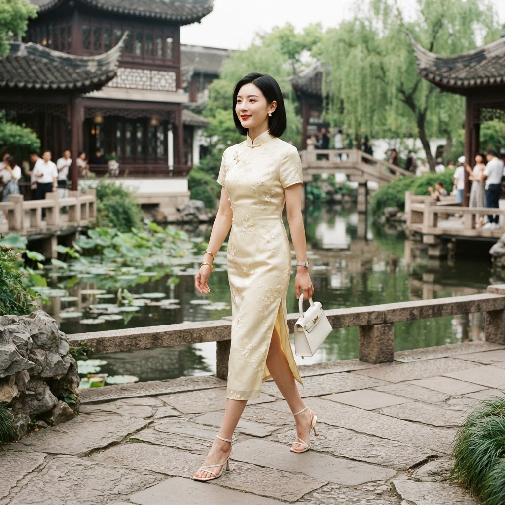 SKIPIKS AI 패션 화보 — elegant, traditional — 연노랑 치파오 드레스가 전통적이면서도 우아한 무드를 완성합니다. 흰색 핸드백과 베이지 힐 샌들로 클래식한 조화를 이룰 수 있어요. 여름의 데이트
