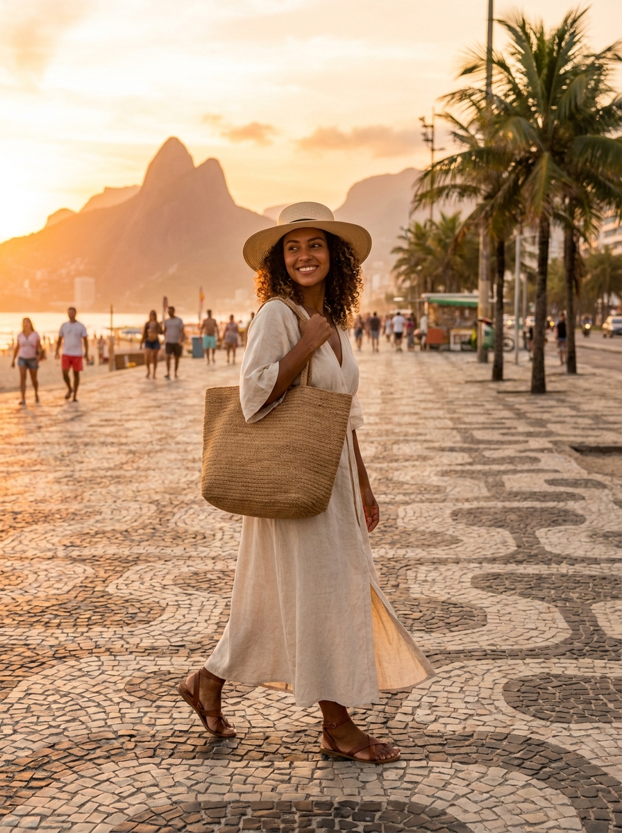 SKIPIKS AI 패션 화보 — bohemian, beachwear, resort — 자연스러운 베이지 컬러가 돋보이는 룩은 여유롭고 편안한 분위기를 자아내요. 라탄 가방과 매치하면 리조트 느낌이 더해지고, 귀여운 햇이 햇볕을 막