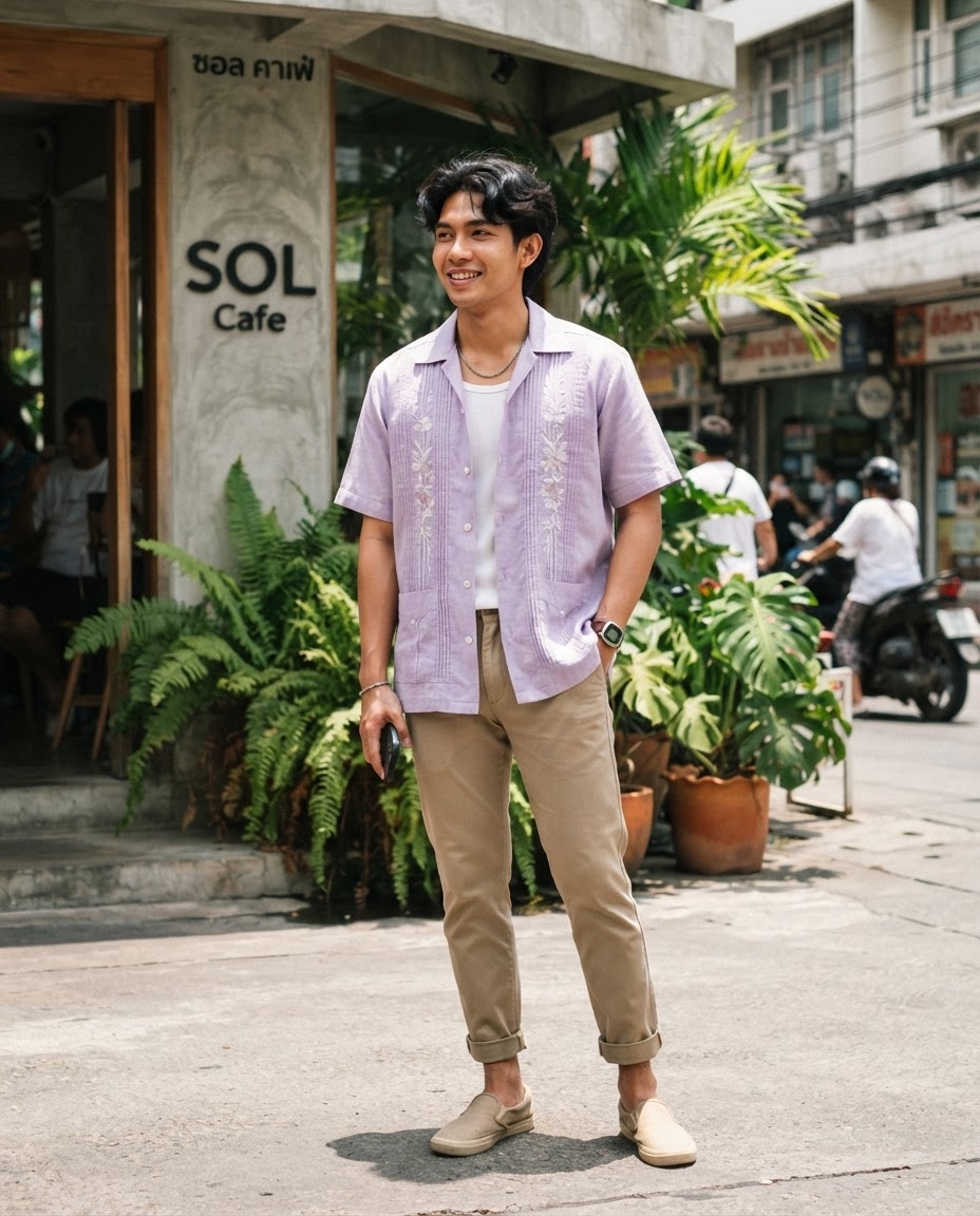 SKIPIKS AI 패션 화보 — casual, summer — 라벤더 셔츠가 시크하면서도 산뜻한 여름 무드를 연출해요. 베이지 치노 팬츠와 매치하면 상쾌하고 가벼운 듯한 느낌을 살릴 수 있습니다. 데일리 캐