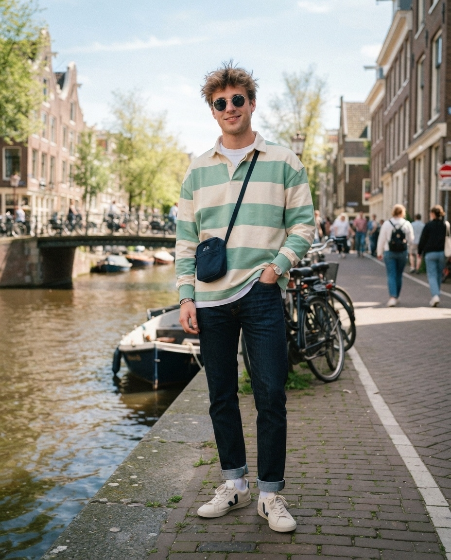 SKIPIKS AI 패션 화보 — casual, preppy — 그린과 베이지 스트라이프 티셔츠가 청바지와 매치되어 편안한 캐주얼룩을 연출합니다. 네이비 숄더백과 스니커즈로 산뜻한 분위기를 더해주세요. 데이트