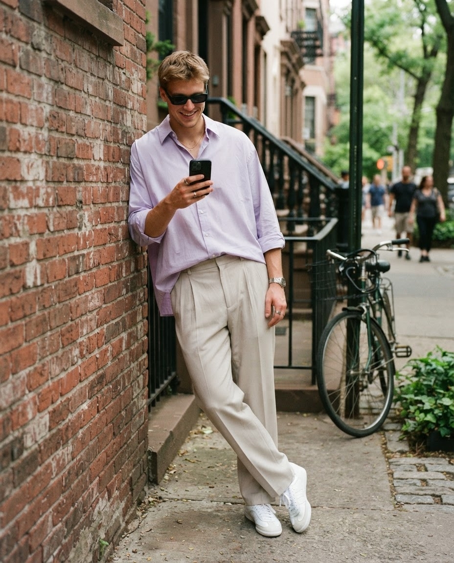 SKIPIKS AIファッション写真 — casual, streetwear — ラベンダー色のシャツは柔らかく洗練された雰囲気を醸し出し、ベージュのパンツと組み合わせることで快適なイージールックを完成させます。シンプルなスニーカーと黒のサン
