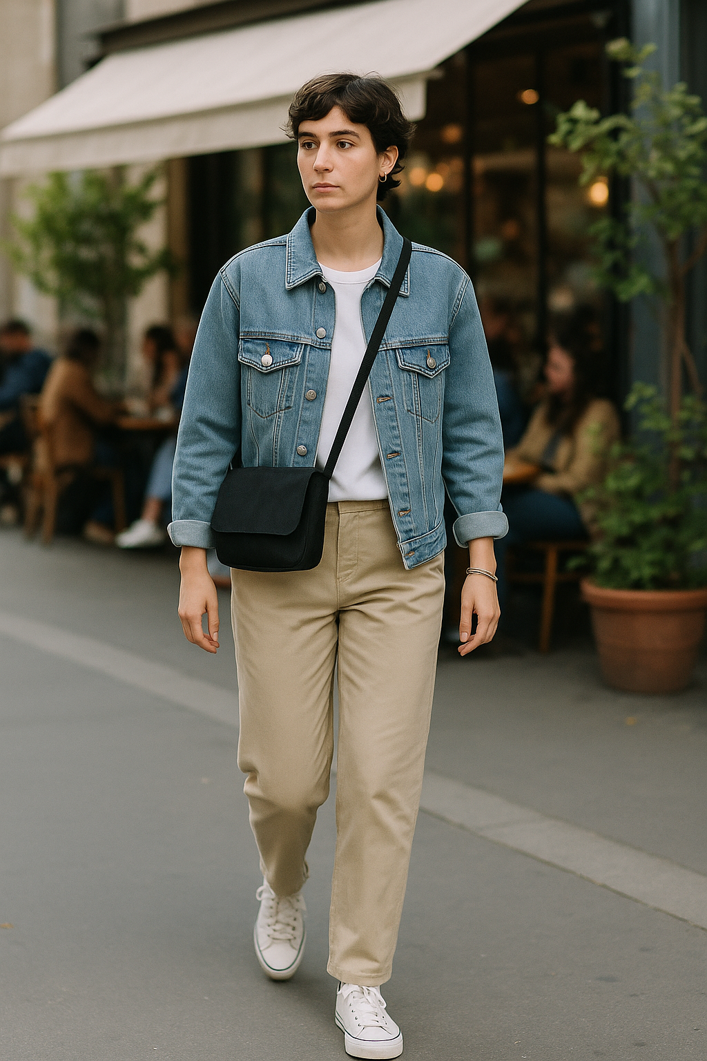 SKIPIKS AI 패션 화보 — casual, minimalist — 데님 재킷의 클래식한 매력이 돋보이는 무드에 베이지 팬츠가 전체적으로 따뜻한 느낌을 더해줍니다. 스니커즈와 크로스백으로 실용적이면서도 편안한 스
