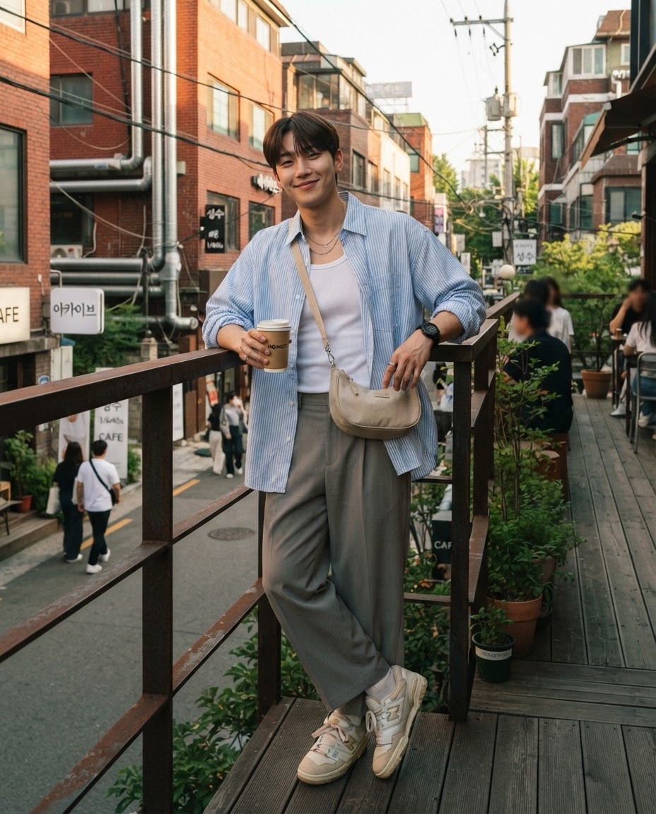 SKIPIKS AI时尚大片 — casual, streetwear — 搭配天蓝色条纹衬衫和灰色休闲裤，营造出清新凉爽的春季氛围。与背心叠穿，打造出休闲又时尚的造型。这是一种适合节日或与朋友聚会的舒适风格。