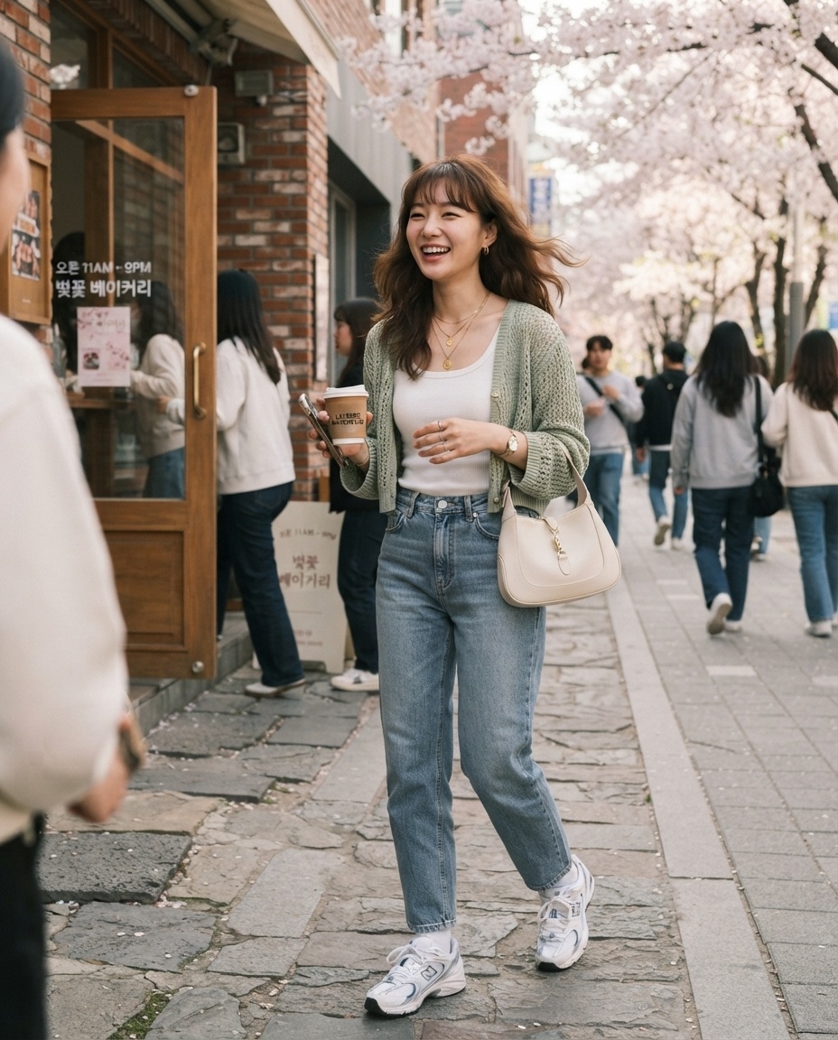 SKIPIKS AIファッション写真 — casual, feminine, streetwear — グリーンのニットカーディガンとジーンズは春の爽やかさを見事に表現しています。白のタンクトップと合わせてシンプルで洗練されたスタイルをおすすめします。春のお出かけ