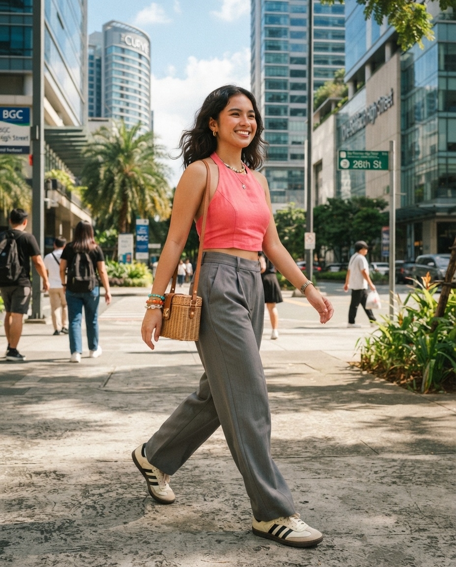 SKIPIKS AI时尚大片 — streetwear, feminine — 这款粉色 cropped 无袖上衣是清新夏季风格，吸引眼球。搭配霓虹色配饰和宽松裤子，营造出休闲而时尚的感觉。非常适合凉爽的夏季天气，推荐用于与朋友的城市散步或