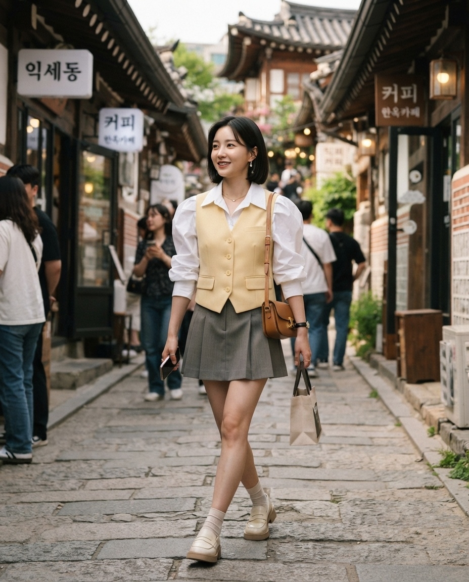 SKIPIKS AI fashion editorial — preppy, feminine, casual — The yellow vest and pleated skirt create a cute and classic vibe. Pair it with a