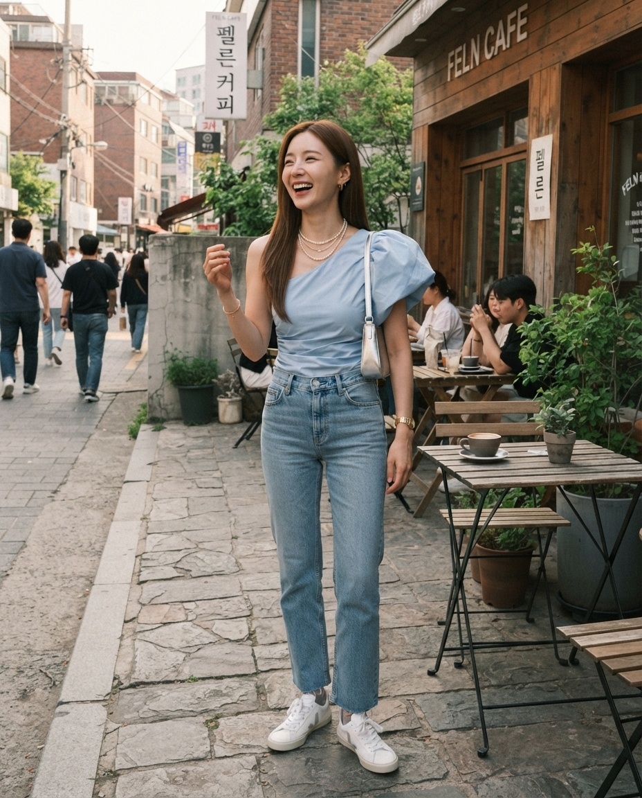 SKIPIKS AI 패션 화보 — casual, feminine, chic — 하늘색 블라우스와 연청색 청바지가 시원하고 러블리한 무드를 완성해요. 진주 목걸이와 골드 귀걸이로 페미닌한 포인트를 더해보세요. 여름 데일리룩으