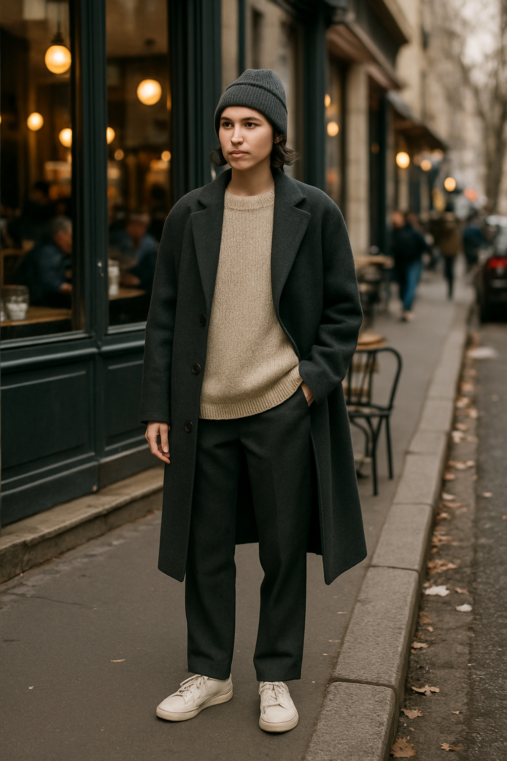 SKIPIKS AI 패션 화보 — minimalist, casual, unisex — 깔끔한 실루엣과 중성적인 컬러의 조화로 세련된 미니멀 룩을 연출해보세요. 니트 스웨터와 울 코트의 조합으로 보온성을 더하고, 화이트 스니커즈로 