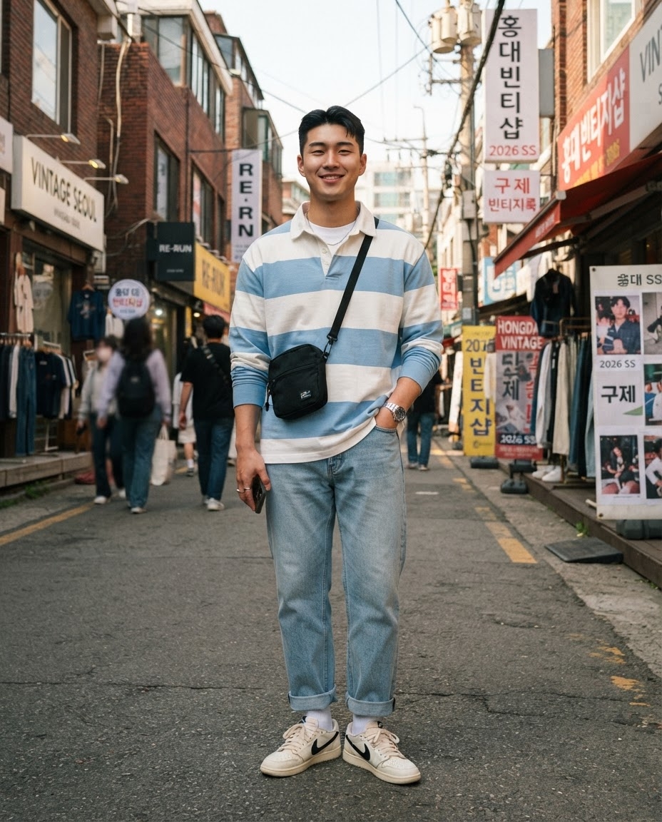 SKIPIKS AI fashion editorial — casual, streetwear — The striped polo shirt and jeans create a harmonious casual vibe. The black cros