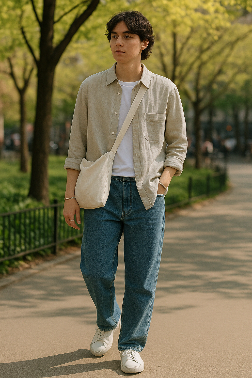 SKIPIKS AI 패션 화보 — casual, minimalist — 편안한 느낌의 베이지 셔츠와 화이트 티셔츠가 자연스럽게 어우러지며, 청바지는 캐주얼한 무드를 더해줍니다. 화이트 운동화와 베이지 크로스백으로 깔