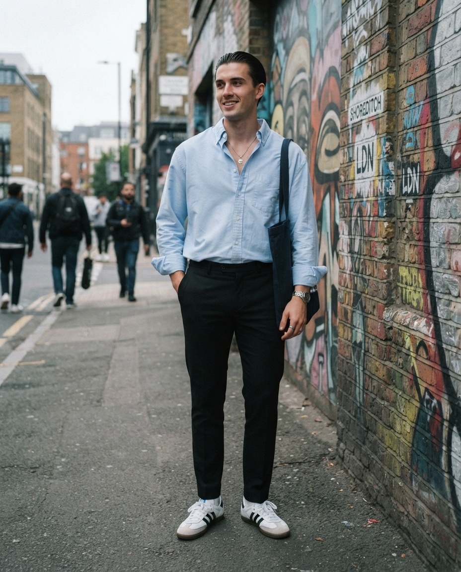 SKIPIKS AI 패션 화보 — minimalist, streetwear, preppy — 하늘색 셔츠와 검정 슬랙스의 조화가 돋보이는 미니멀한 스타일입니다. 넥에 걸린 금색 목걸이와 실버 시계로 세련된 포인트를 더해보세요. 가벼운 캐