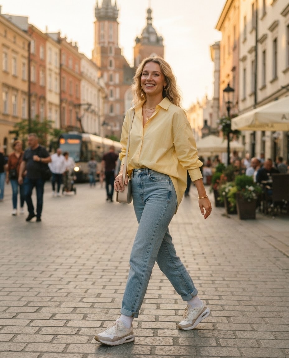 SKIPIKS AIファッション写真 — casual, chic — 柔らかな黄色のシャツとジーンズの組み合わせが爽やかな春の雰囲気を演出します。基本のジーンズに明るいシャツを合わせてスタイリッシュなポイントを加えてみてください。