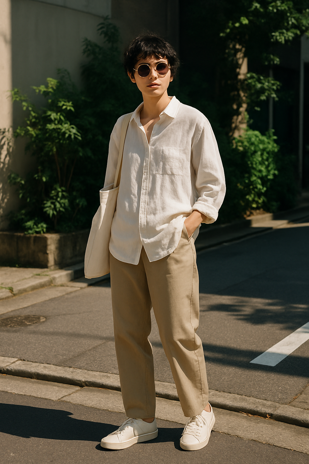 SKIPIKS AIファッション写真 — minimalist, casual — 涼しげなリネンシャツとベージュスラックスのミニマルなルックが際立っています。クリーンなスニーカーとサングラスでカジュアルなムードを加えましょう。軽量で実用的なキ