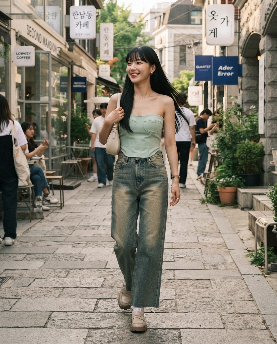 SKIPIKS AIファッション写真 — feminine, streetwear, casual — ミント色のビスチェトップとジーンズが涼しげで軽快な夏のムードを演出します。ローファーとアイボリーのショルダーバッグを合わせて、カジュアルでありながらトレンディな