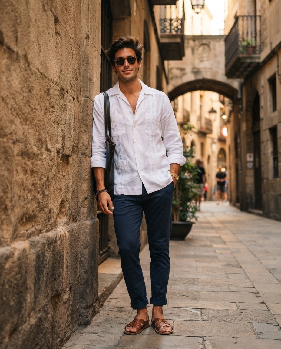 SKIPIKS AIファッション写真 — casual, urban — ホワイトシャツとネイビーパンツの組み合わせは、涼しげで洗練された夏の雰囲気を醸し出します。明るいレザーサンダルやスリッパを加えてカジュアルな魅力をプラスしましょ