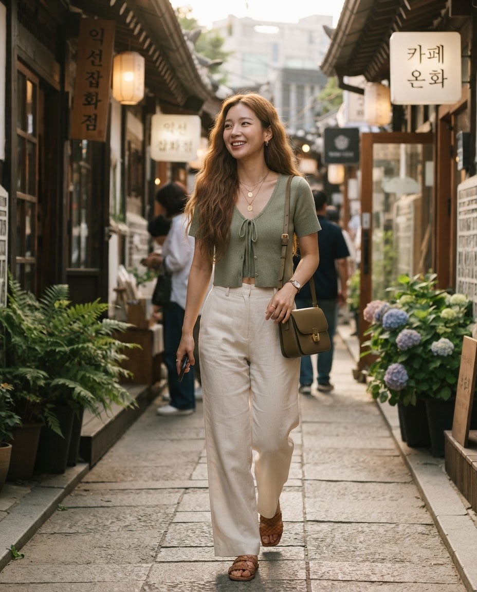 SKIPIKS AI fashion editorial — casual, streetwear, feminine — The combination of a light green knit cropped cardigan and light beige wide pant