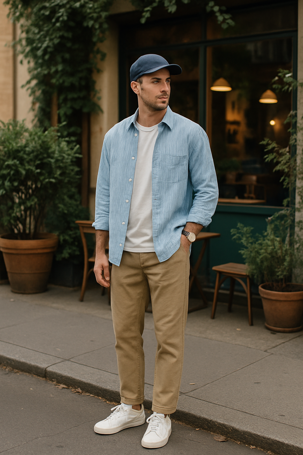 SKIPIKS AIファッション写真 — casual, minimalist — 空色のシャツと快適なベージュのパンツで完成したカジュアルスタイルが目を引きます。ここに白いTシャツとスニーカーを加えて、さらに快適さをプラスしてください。春のデ