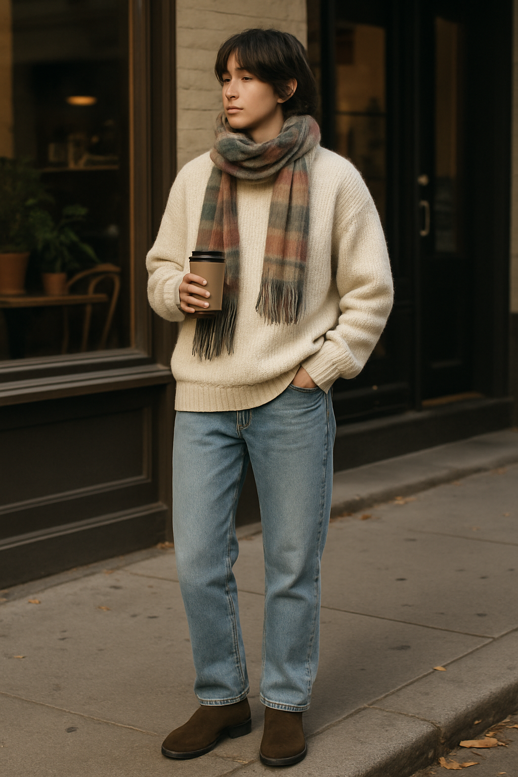 SKIPIKS AI 패션 화보 — casual, cozy — 따뜻하고 아늑한 느낌을 주는 아이보리 니트 스웨터와 머플러, 브라운 첼시 부츠가 조화를 이루며 가을 무드가 물씬 풍깁니다. 이 스타일은 클래식한