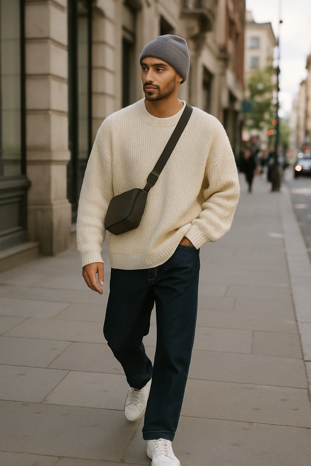 SKIPIKS AI 패션 화보 — minimalist, casual — 따뜻한 아이보리 니트가 부드러운 분위기를 선사하는 캐주얼 룩입니다. 간결하지만 포인트 있는 비니와 크로스백은 실용적이면서도 스타일리시한 코디를 