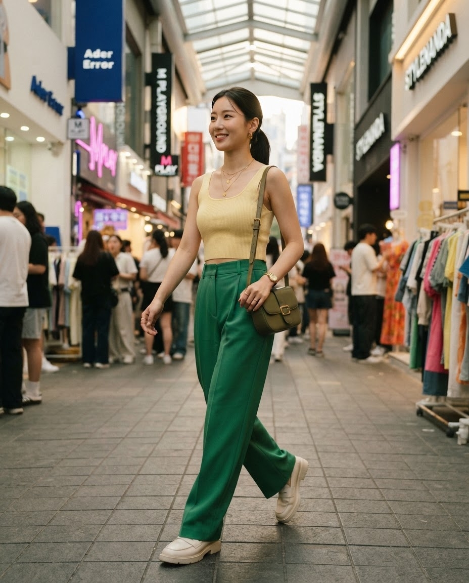SKIPIKS AIファッション写真 — modern, chic — 黄色のニットと緑のパンツの組み合わせが活気ある夏の雰囲気を演出します。クロスボディバッグとプラットフォームローファーを合わせて、シンプルでありながらモダンなスタ