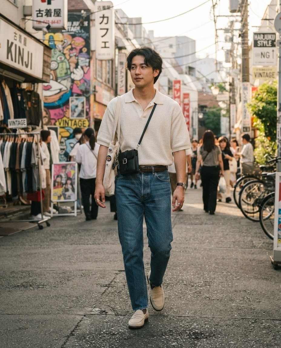 SKIPIKS AIファッション写真 — casual, streetwear — クリーンなシルエットとソフトなカラーパレットが魅力的なカジュアルムードのスタイルです。アイボリーのカラーTシャツにクラシックなジーンズを合わせて、自然なデイリー