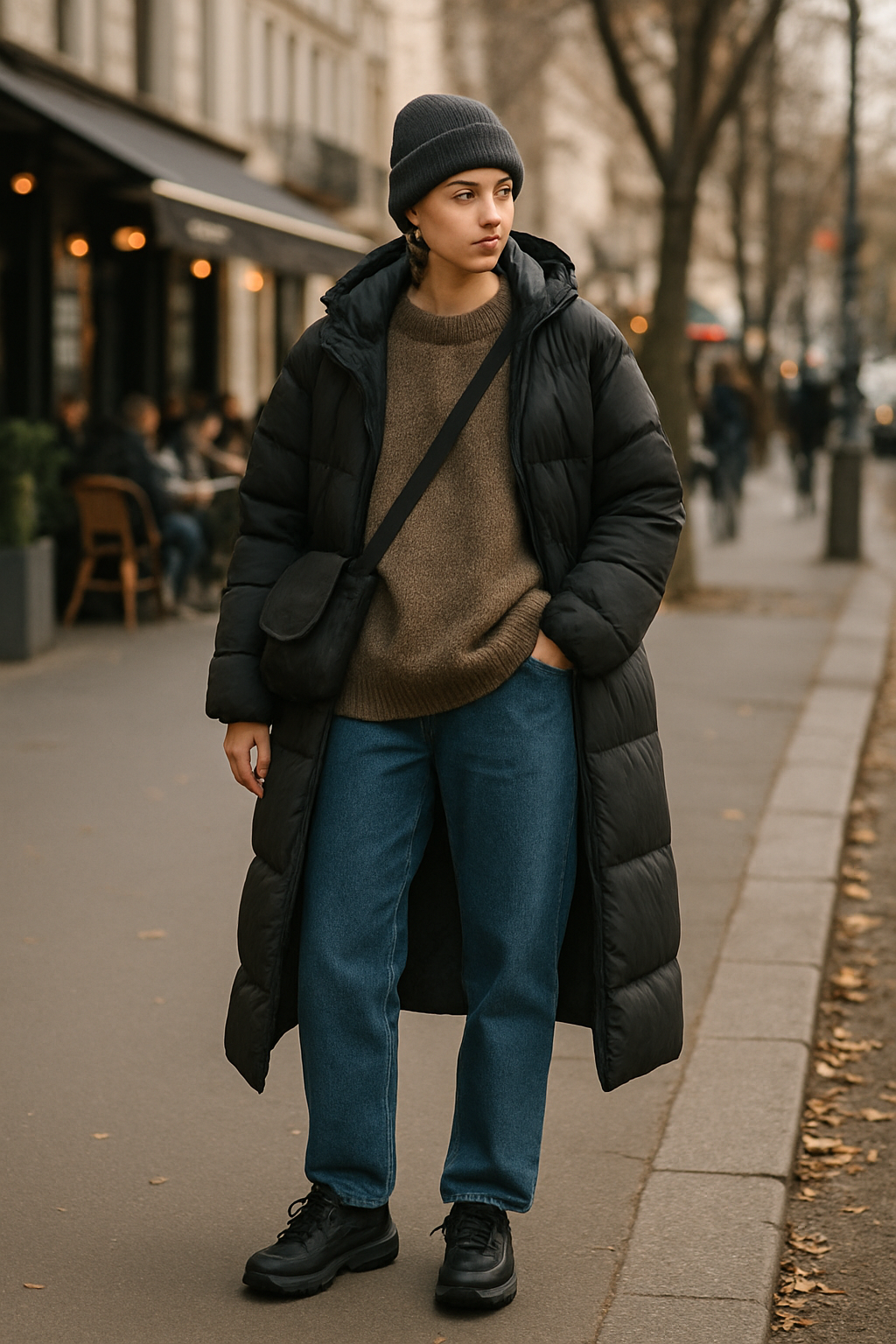 SKIPIKS AI fashion editorial — casual, streetwear — Combine a warm long padding coat with a casual sweater to create a stylish winte