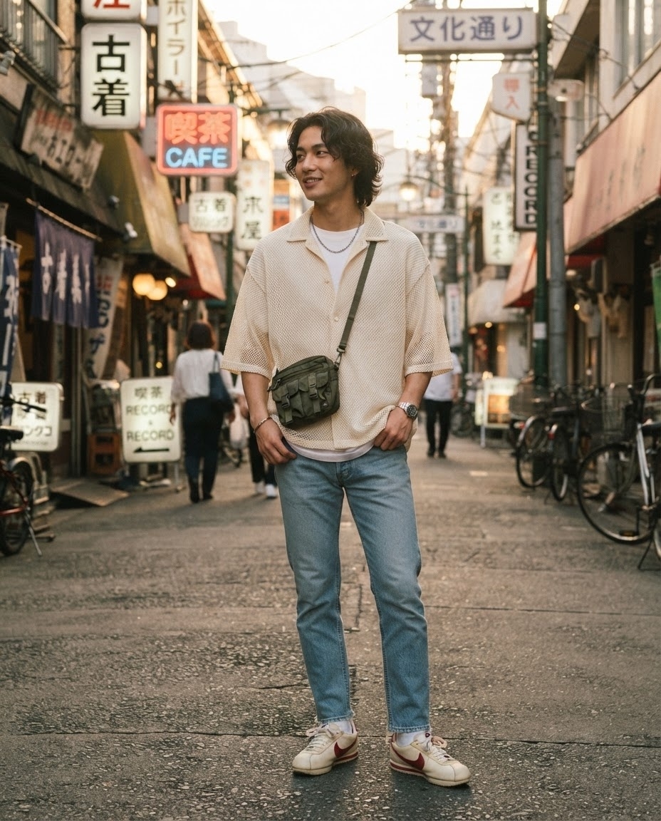 SKIPIKS AIファッション写真 — casual, streetwear — 快適なベージュのニットシャツでカジュアルかつ洗練された雰囲気を演出してみてください。ジーンズと合わせてシンプルにコーディネートすれば、素敵に仕上がります。デイリ